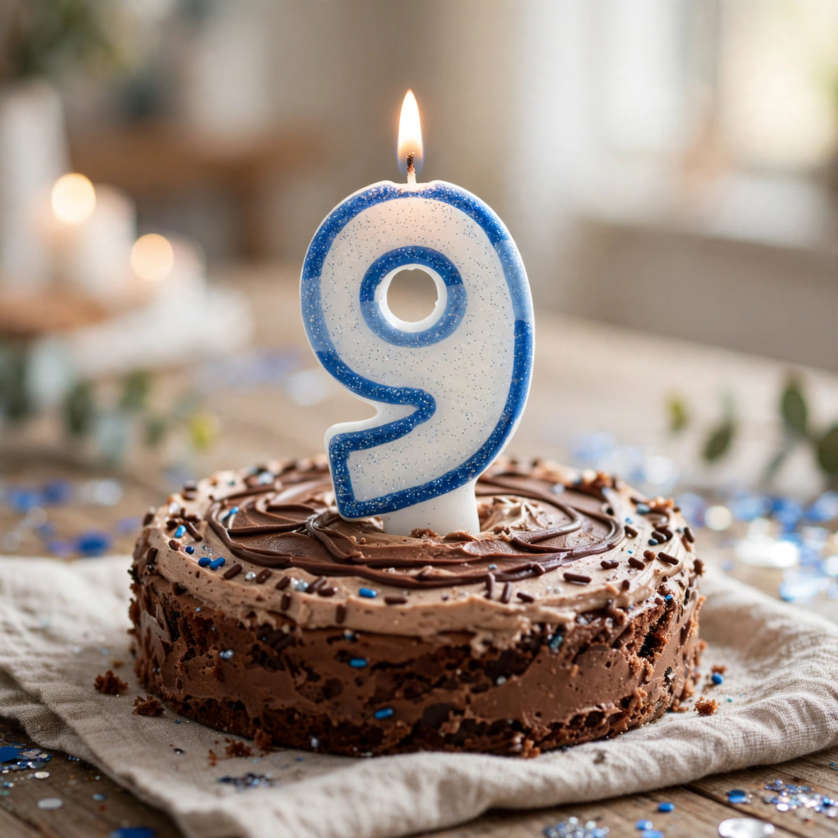 Blue Glitter Number 9 Birthday Candle placed on a birthday cake for a milestone celebration