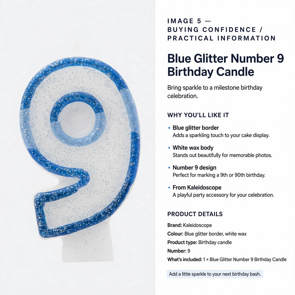 Blue Glitter Number 9 Birthday Candle designed for 9th or 90th birthday celebrations