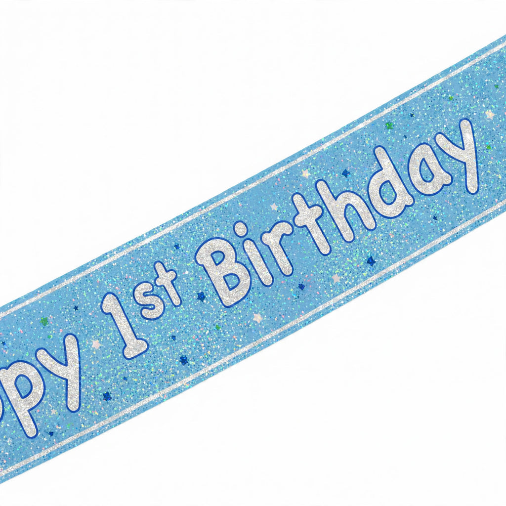 Close-up of Blue Glitz Happy 1st Birthday banner showing prismatic foil material