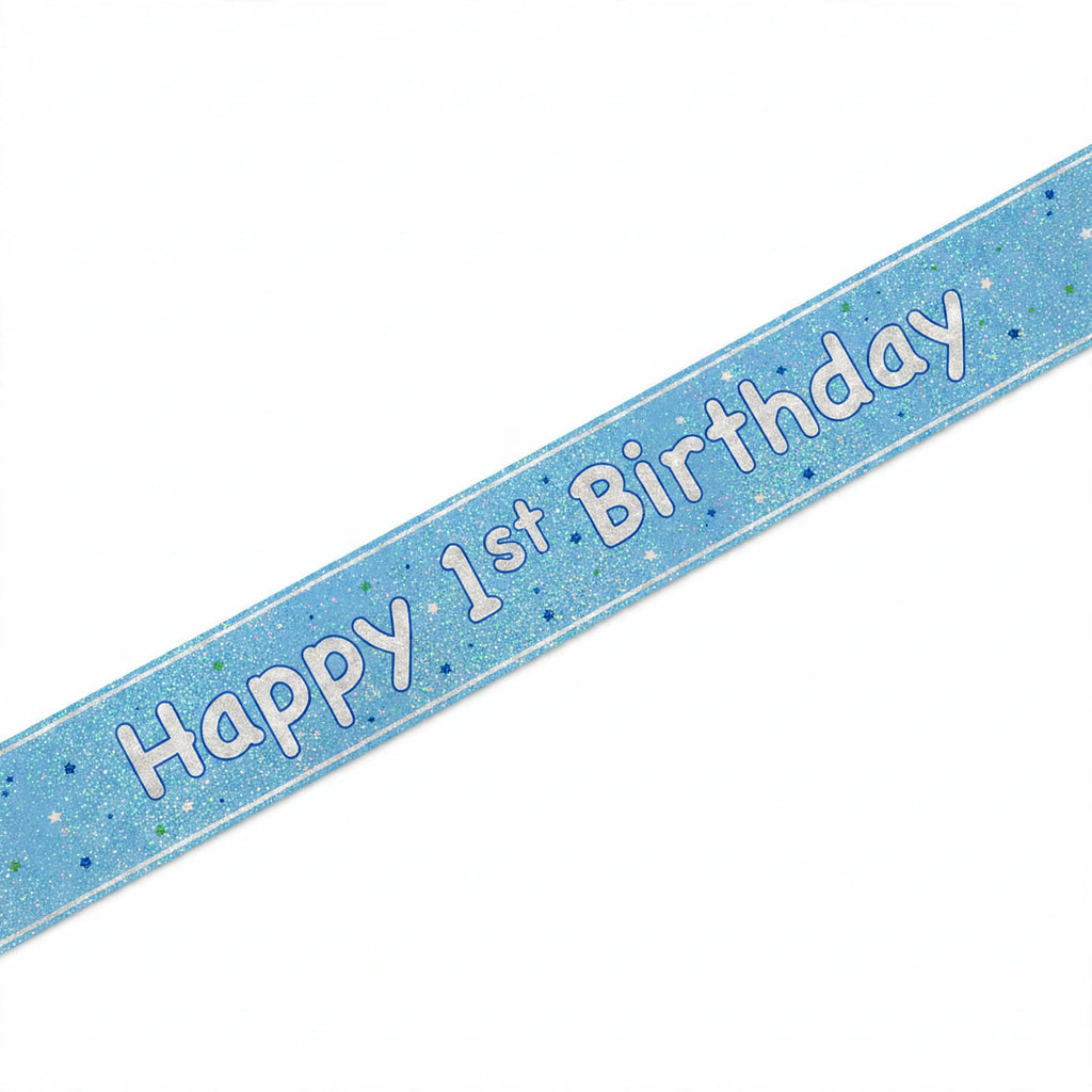 Blue Glitz Happy 1st Birthday Prismatic Foil Banner with prismatic foil finish