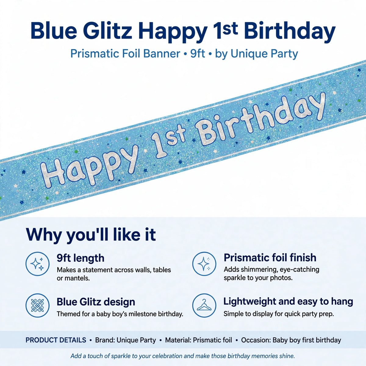 Infographic showing 9ft length, prismatic foil finish, Blue Glitz design, and lightweight hanging