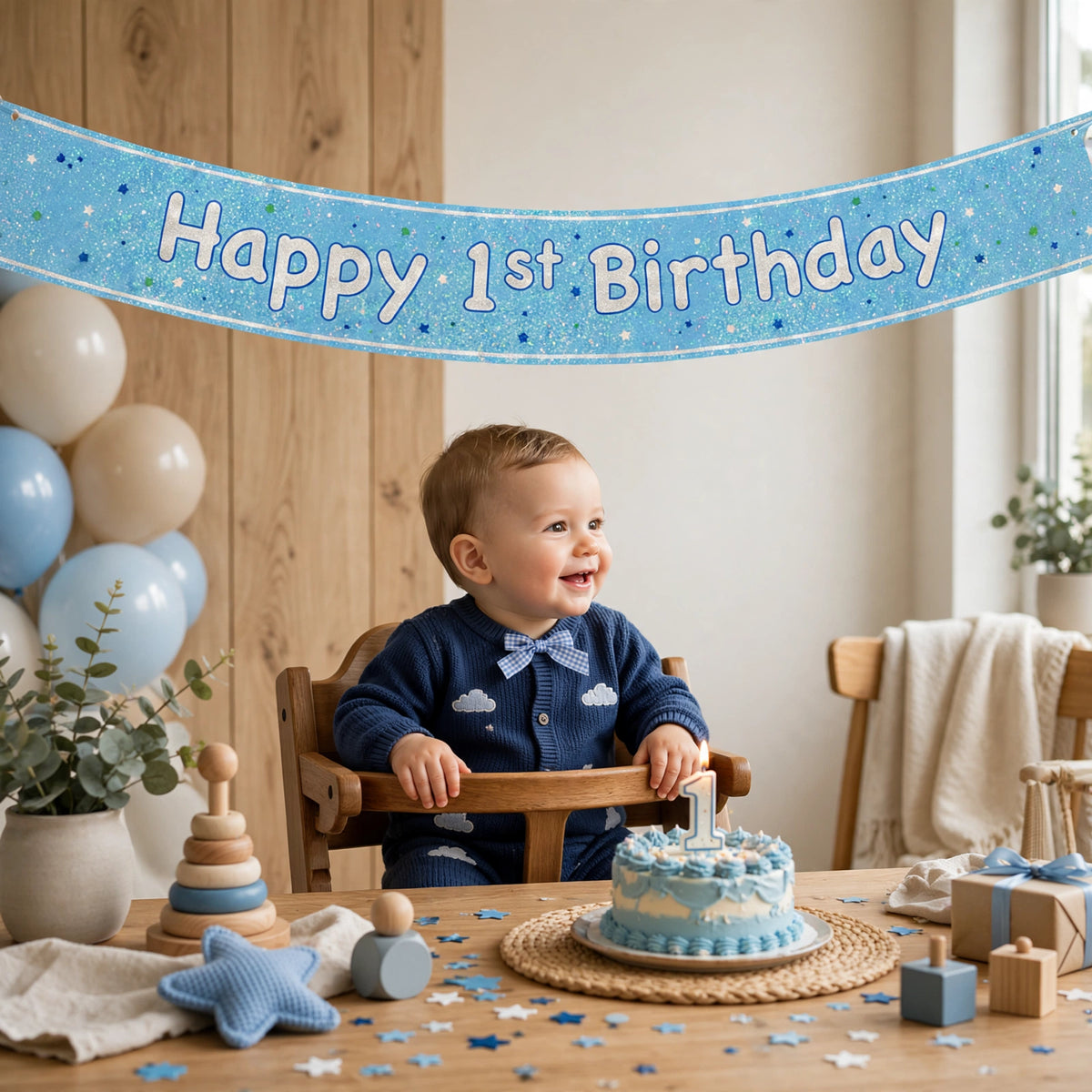 Blue Glitz Happy 1st Birthday banner displayed as a backdrop at a baby boy's first birthday party