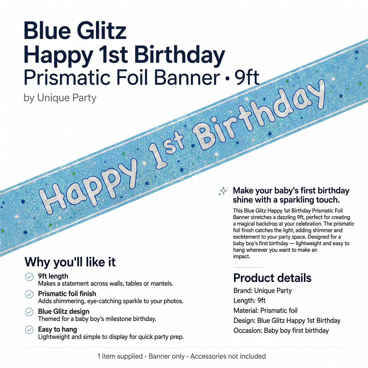 Banner designed for baby boy first birthday with 9ft length and easy hanging