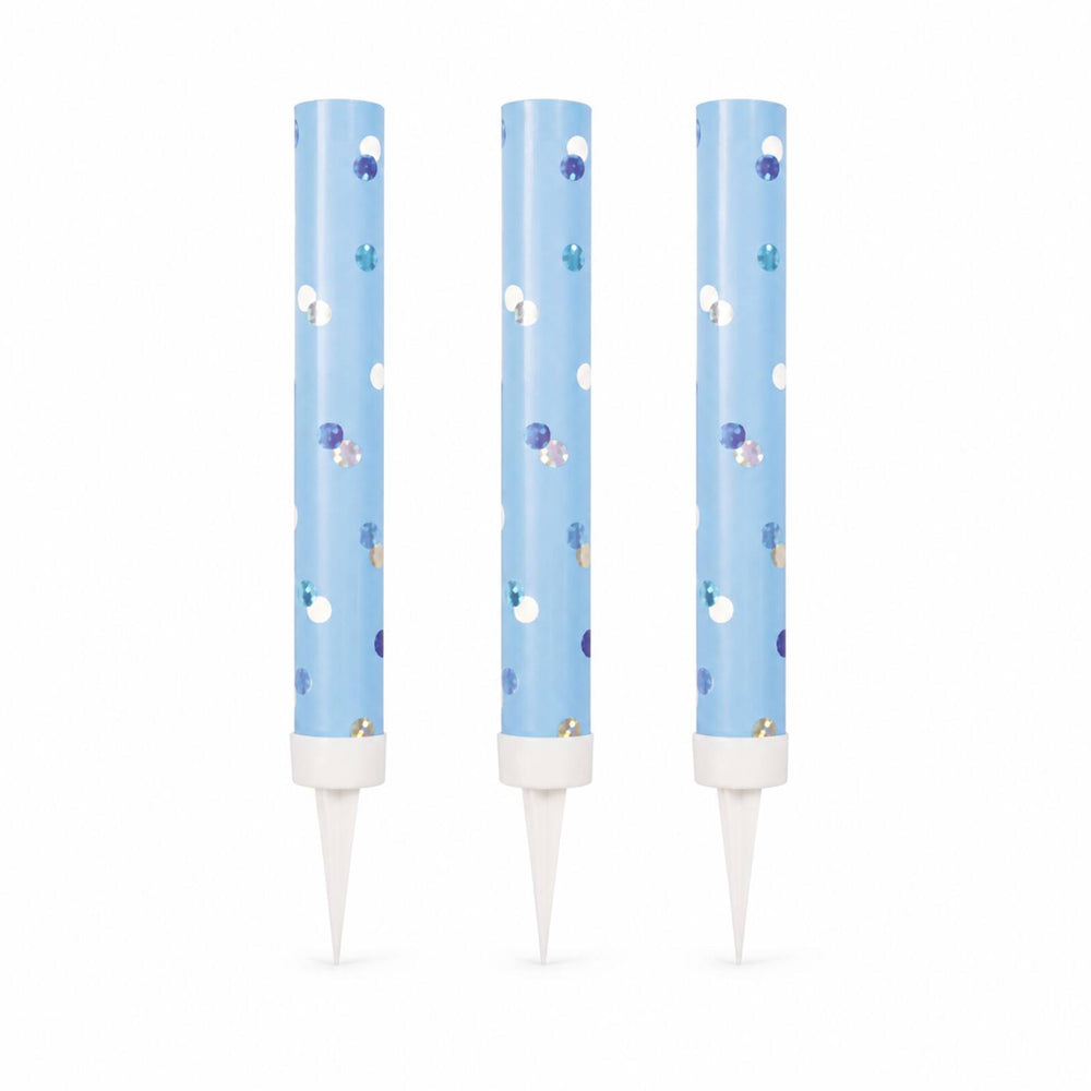 Three blue glitz ice fountain cake decorations with reflective dots