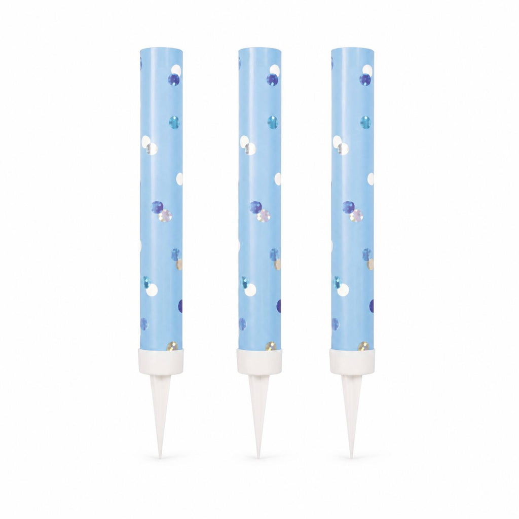 Three blue glitz ice fountain cake decorations with reflective dots