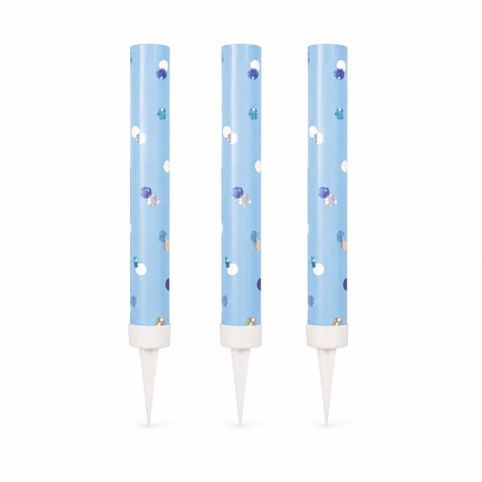 Three blue glitz ice fountain cake decorations with reflective dots