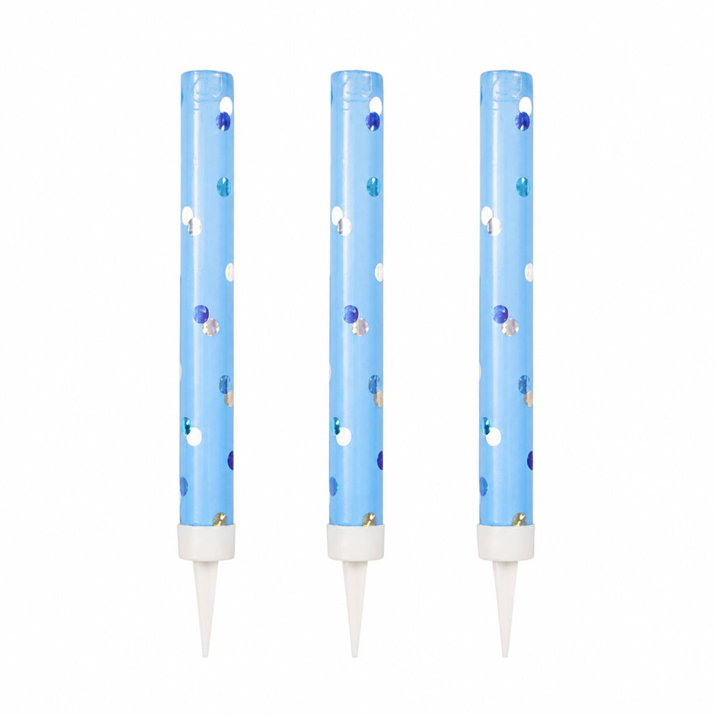 Three blue cake fountains showing reflective dots collars and spikes
