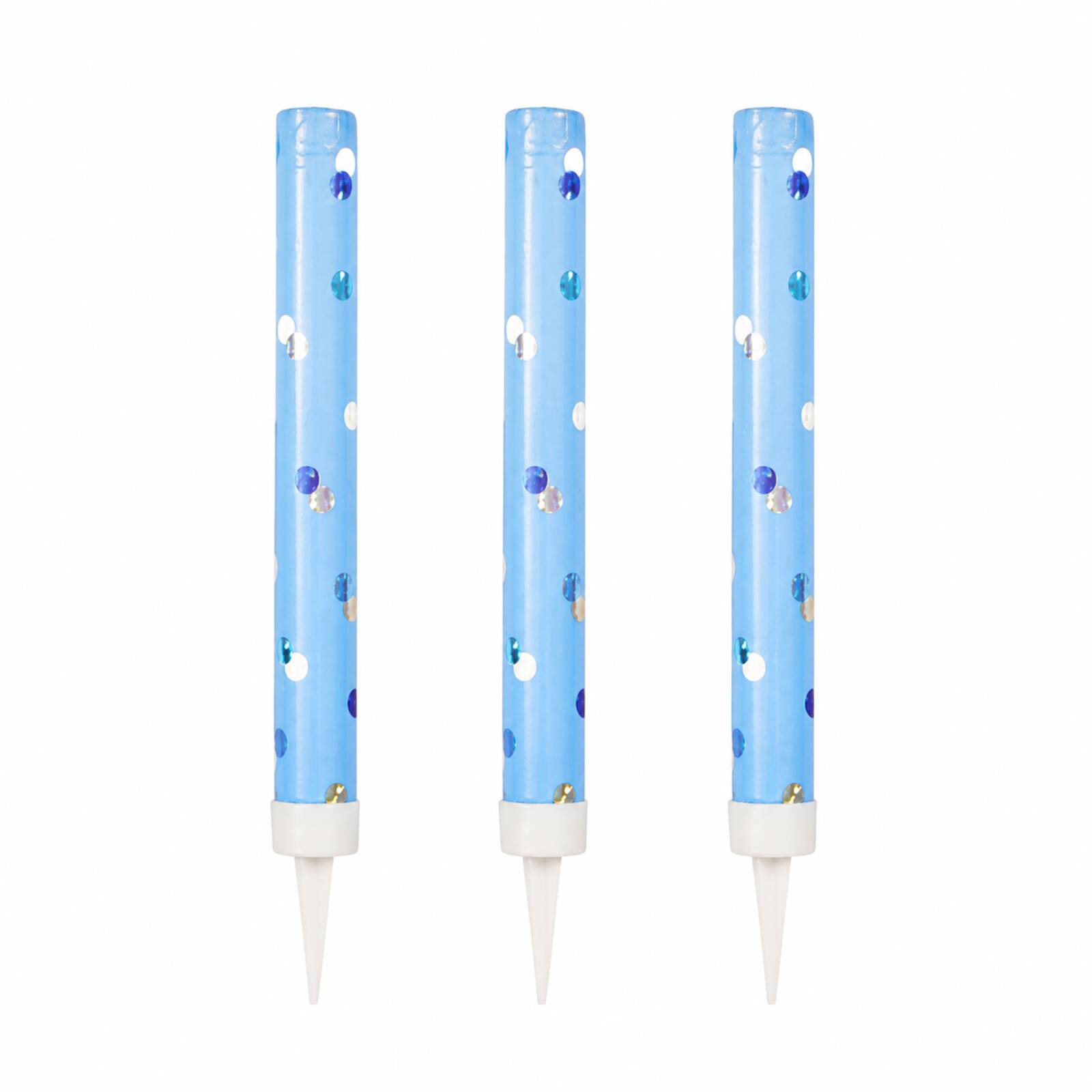 Three blue cake fountains showing reflective dots collars and spikes