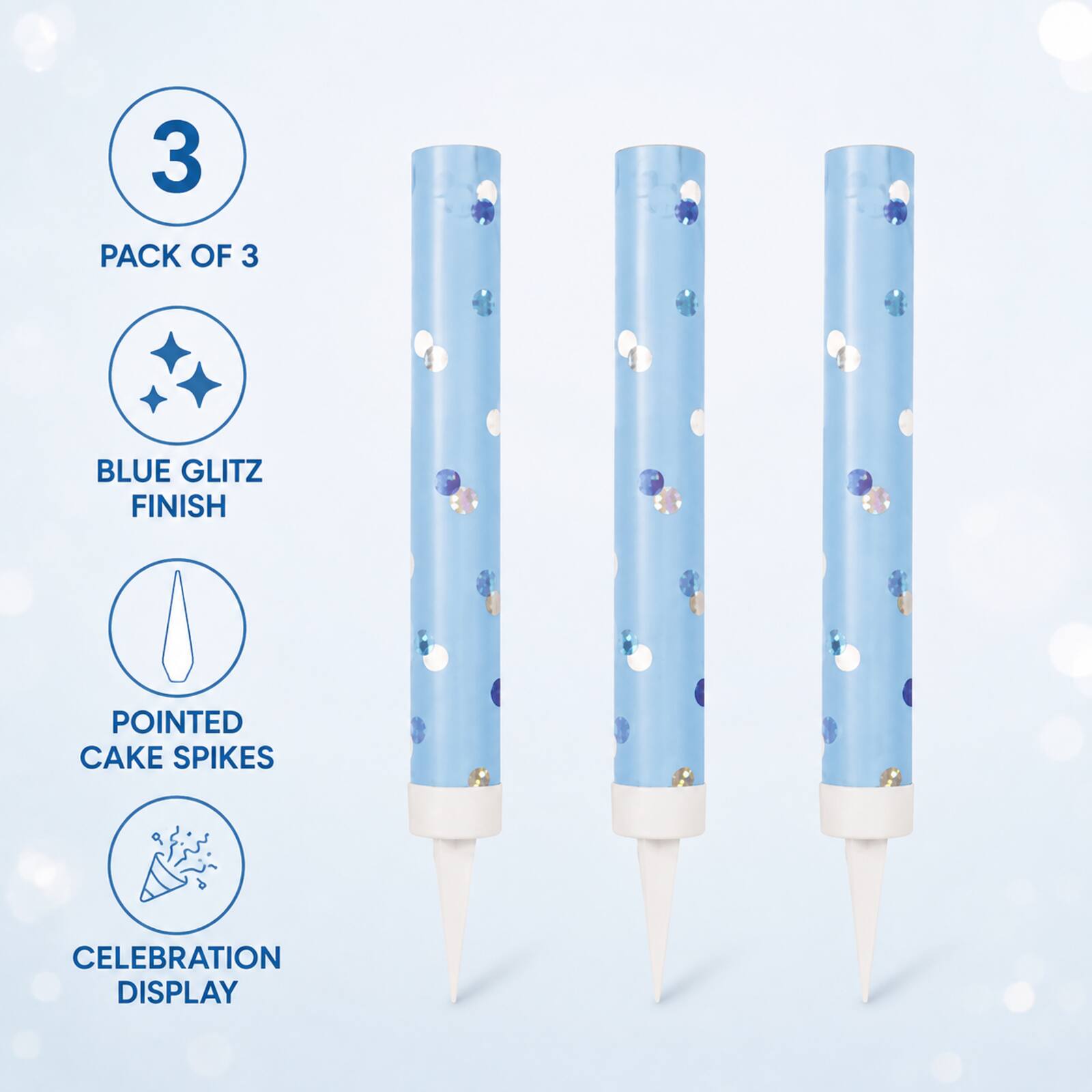Blue glitz cake fountains infographic showing pack of three features