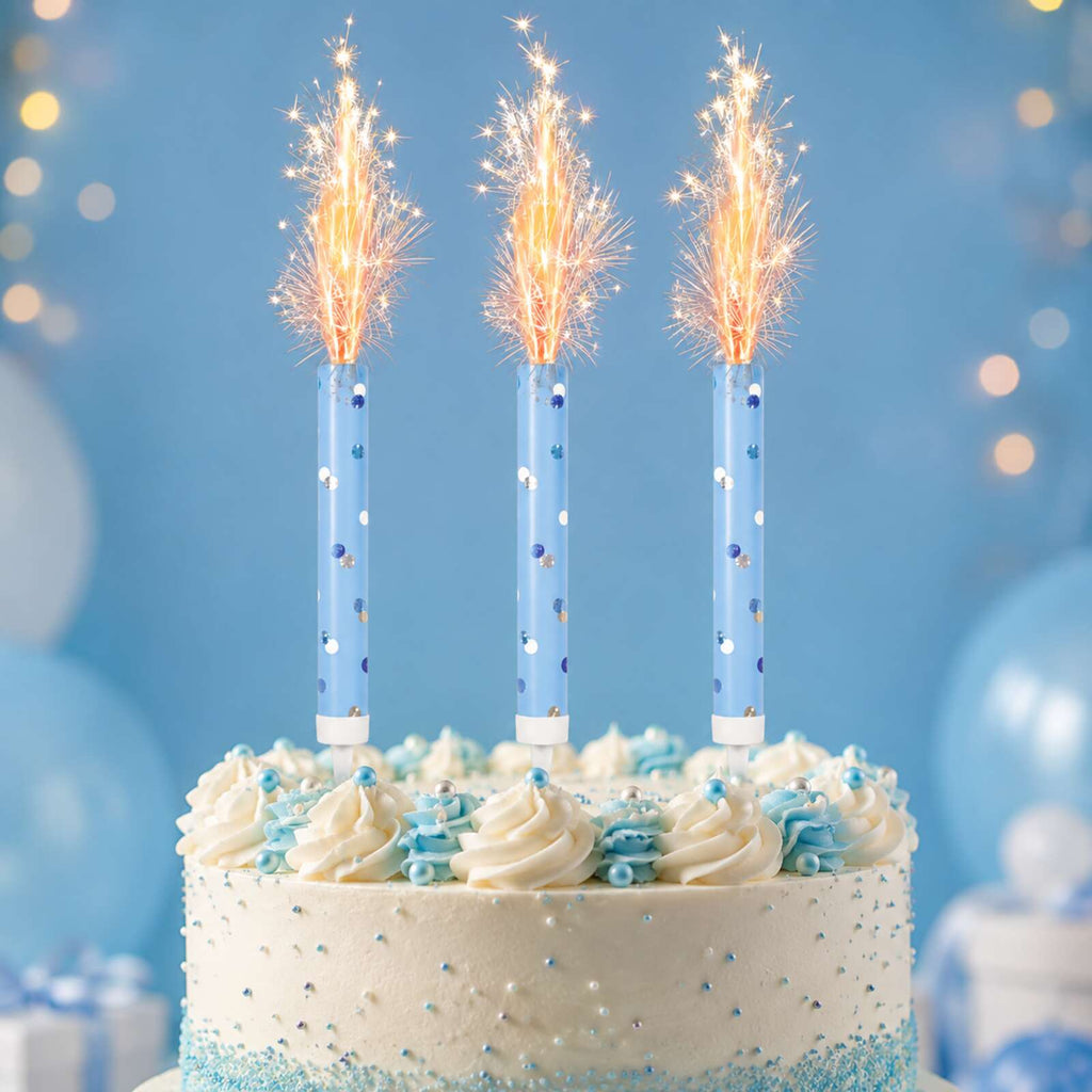 Three blue glitz ice fountains safely lit on a celebration cake