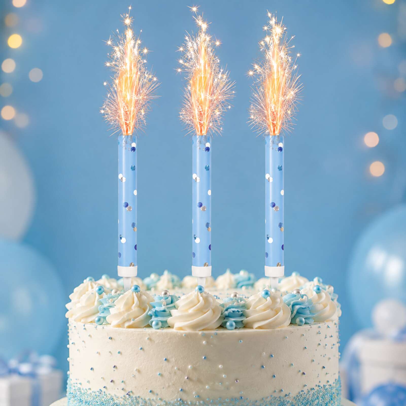 Three blue glitz ice fountains safely lit on a celebration cake