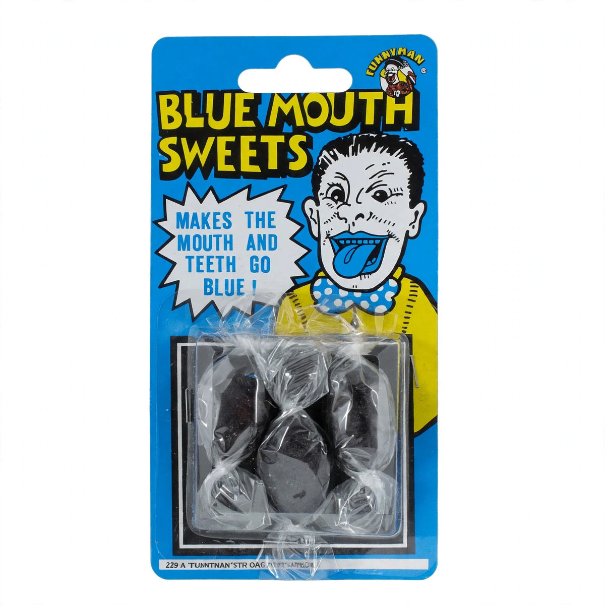 Close-up view of Blue Mouth Sweets pack showing three individual sweets