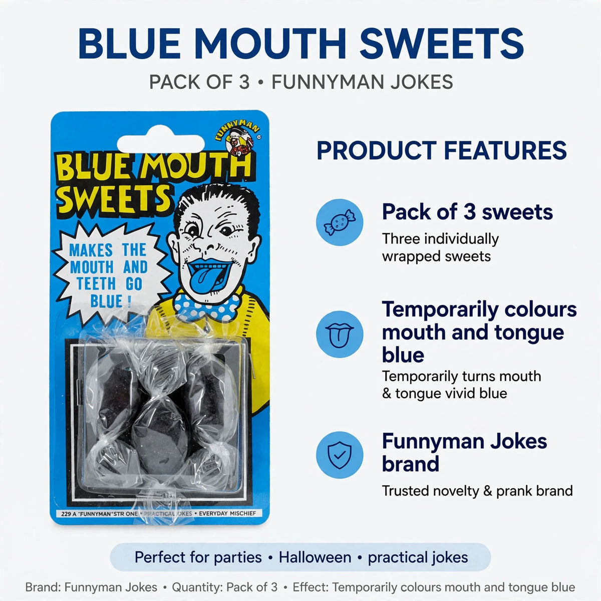 Infographic showing features of Blue Mouth Sweets including pack of 3 and temporary blue mouth effect