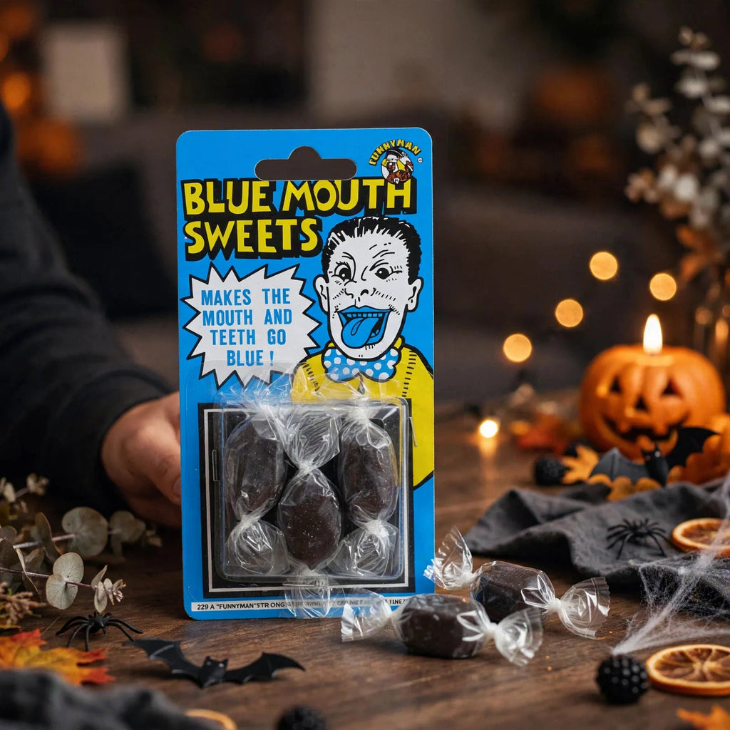 Blue Mouth Sweets being used at a party or prank setting to temporarily colour mouth and tongue blue