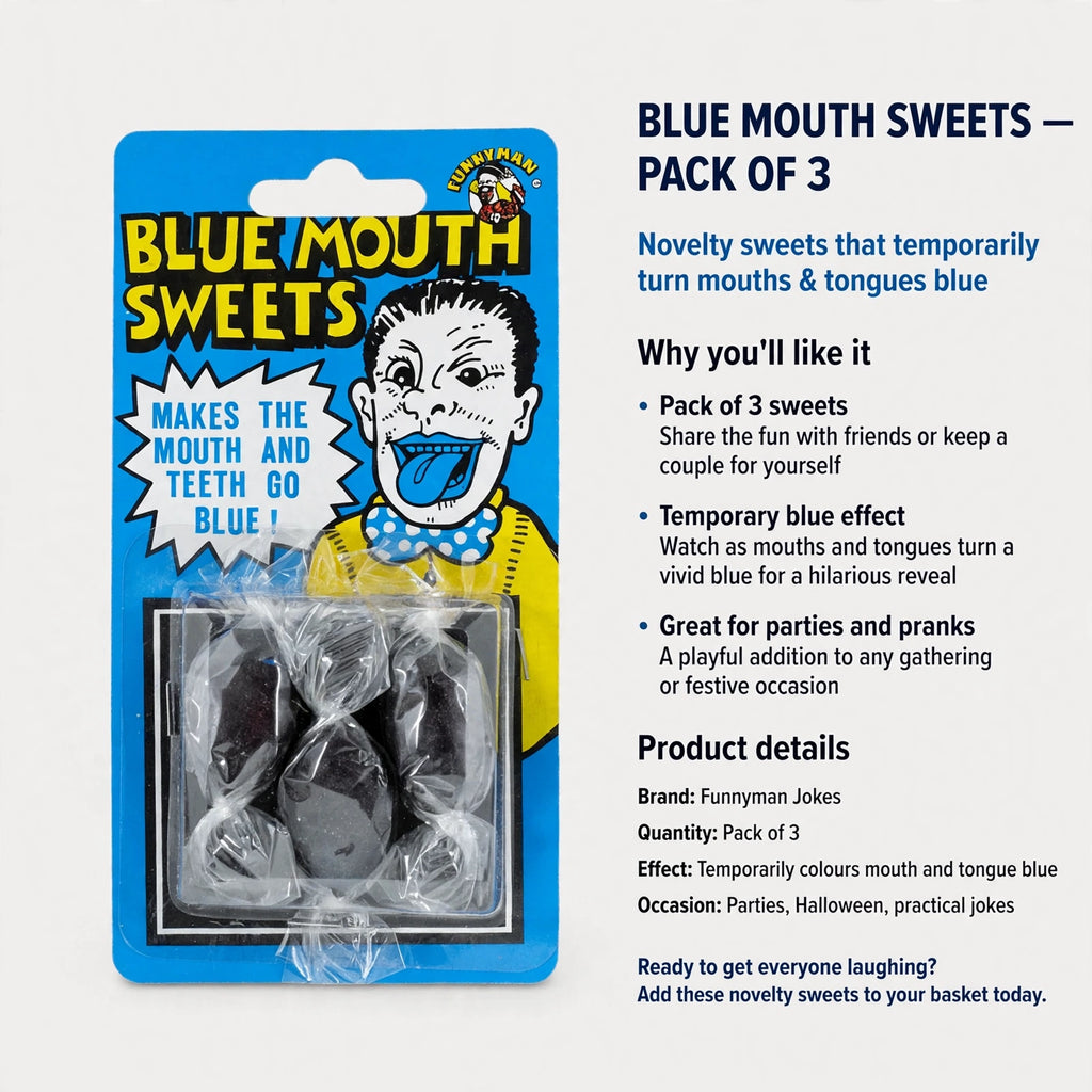 Blue Mouth Sweets pack contains three sweets that temporarily turn mouth and tongue blue for parties and pranks