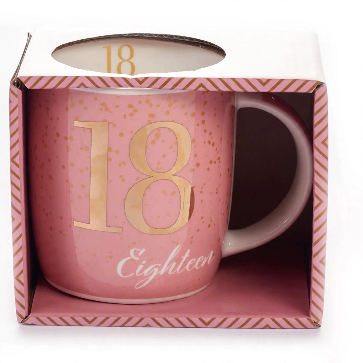 Close-up of boxed birthday gift mug with pink and gold Age 18 design