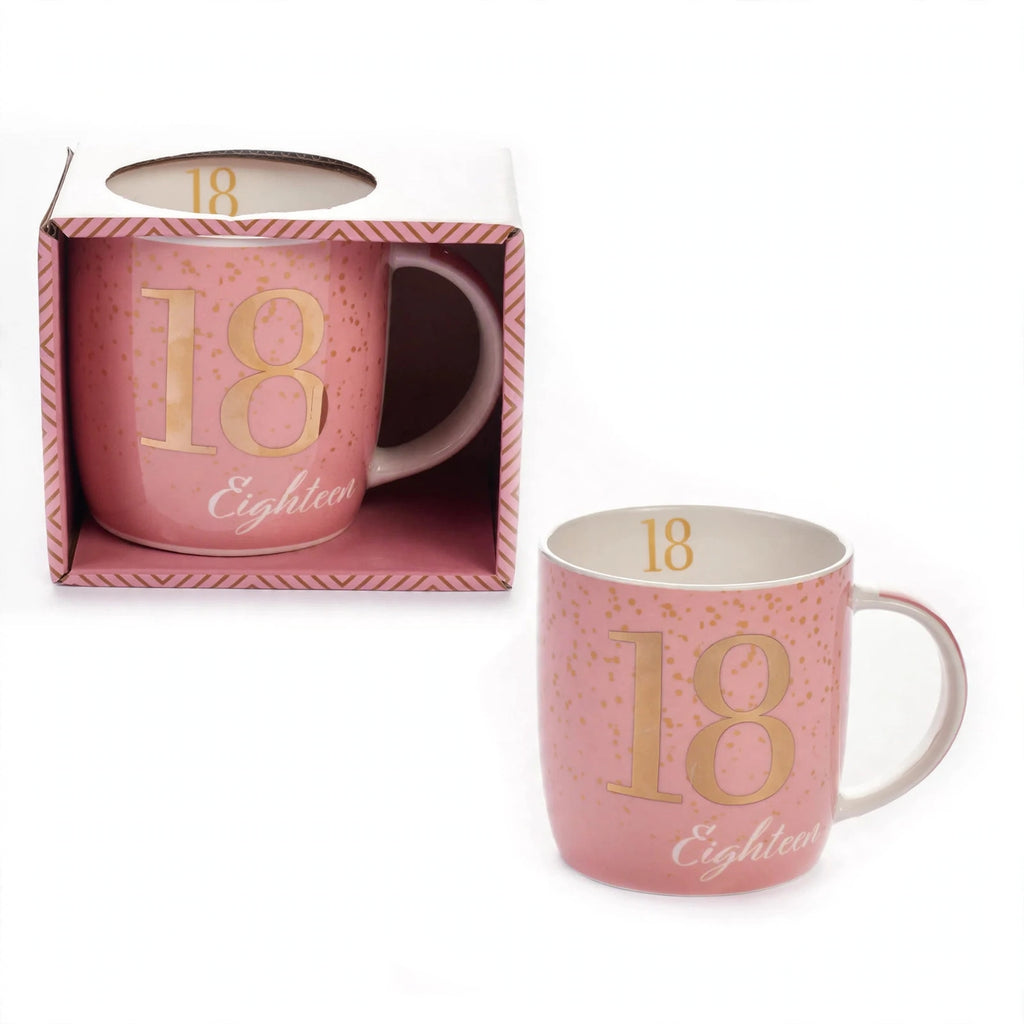 Boxed birthday gift mug with Age 18 design in pink and gold