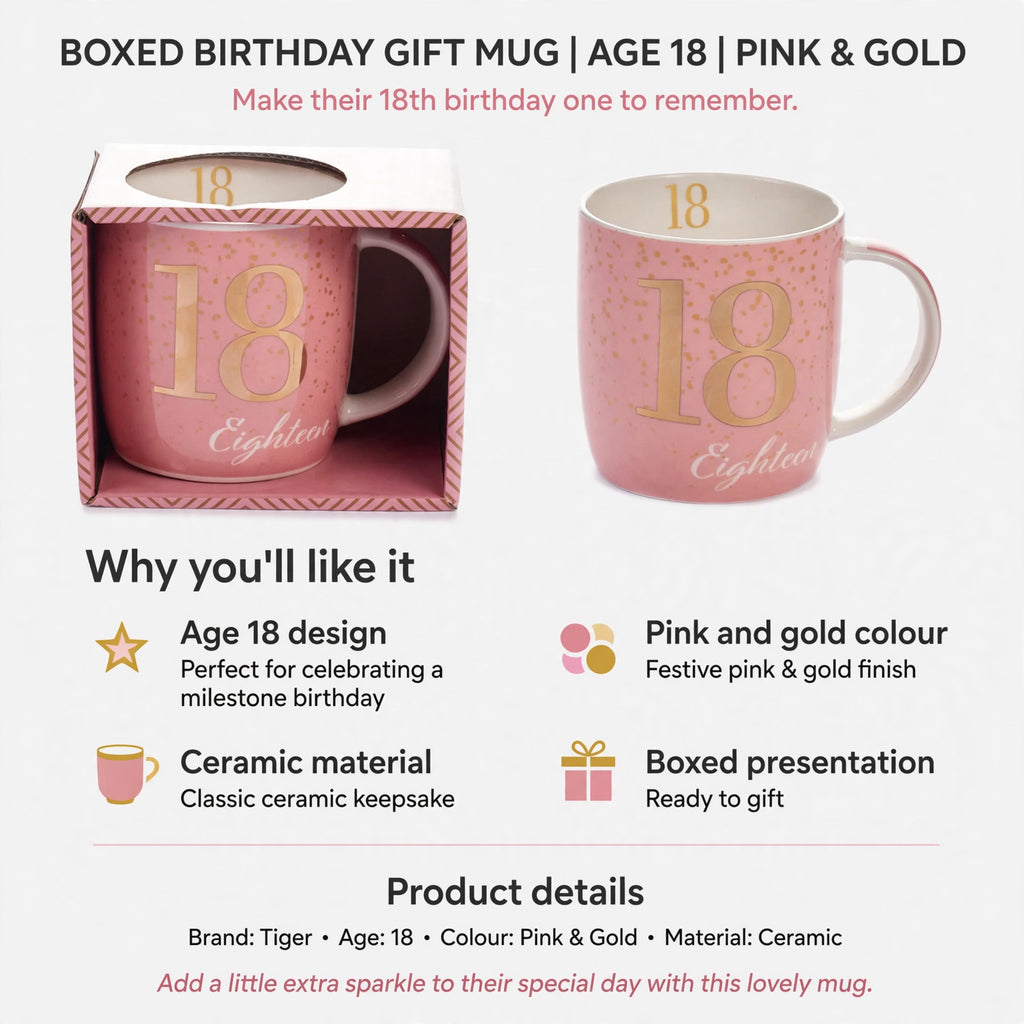 Infographic showing Age 18 design, pink and gold colour, ceramic material, and boxed presentation