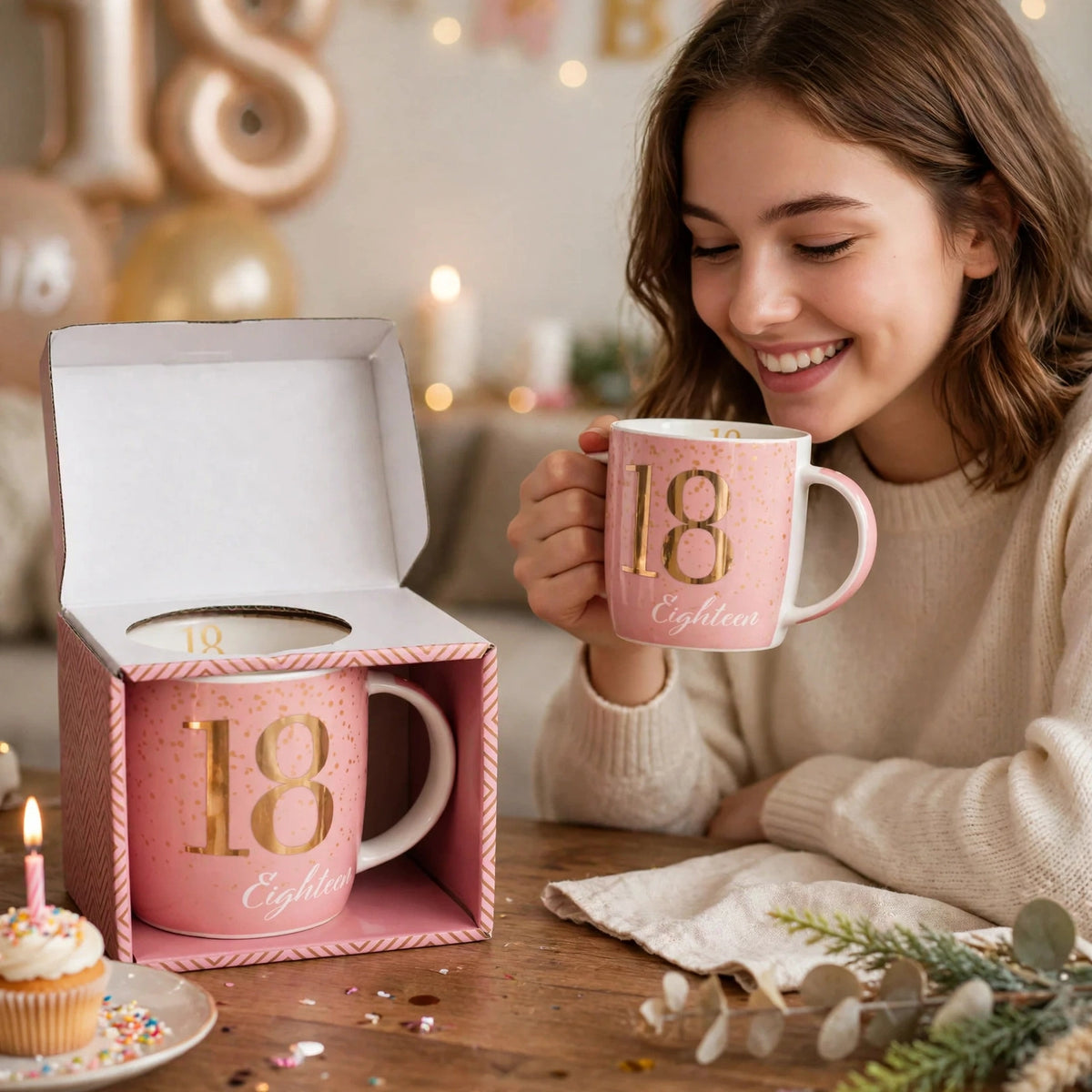Boxed birthday gift mug designed for celebrating an 18th birthday