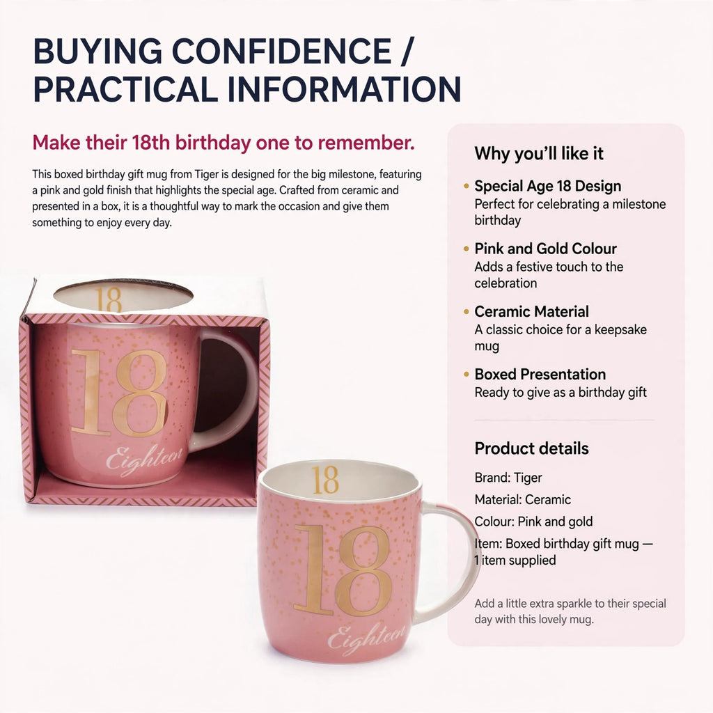 Boxed birthday gift mug made of ceramic with Age 18 design in pink and gold