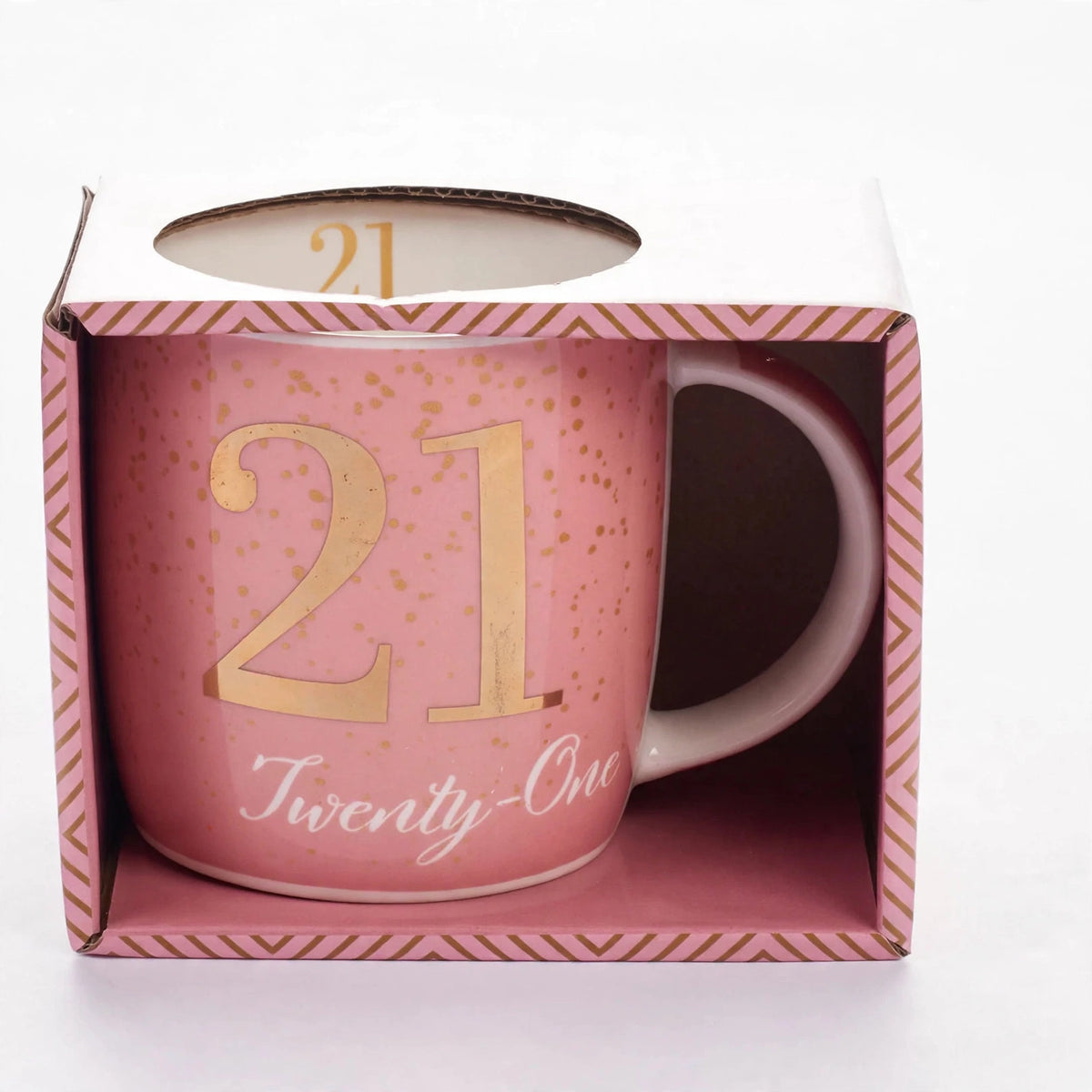Close-up of boxed birthday gift mug featuring Age 21 design in pink and gold
