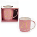 Boxed birthday gift mug with Age 21 design in pink and gold