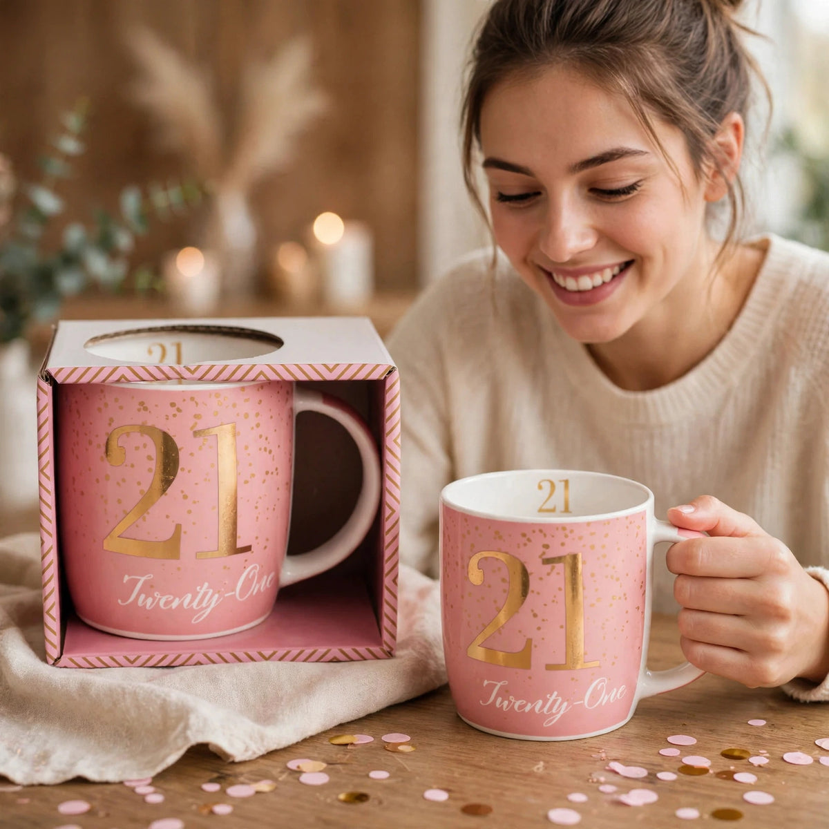 Boxed birthday gift mug with Age 21 design displayed for a 21st birthday celebration