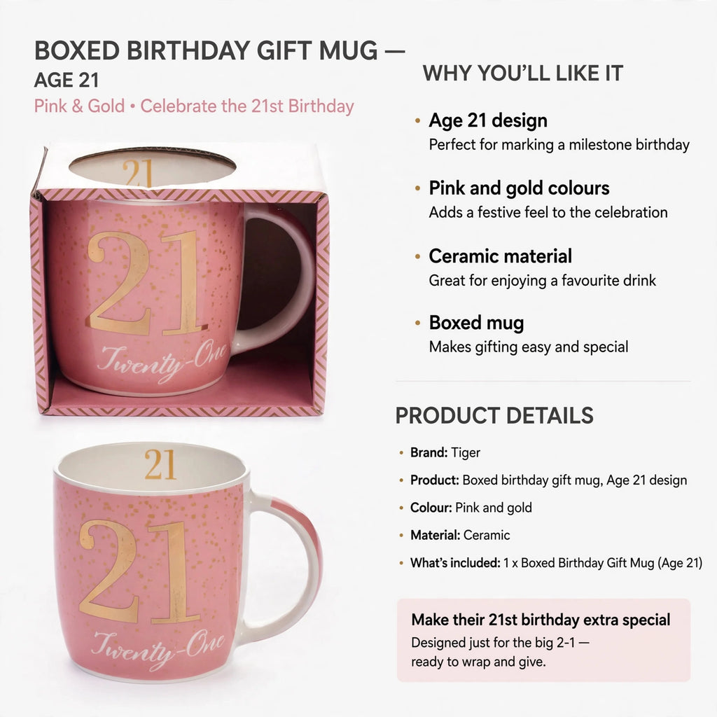 Boxed ceramic mug with Age 21 design in pink and gold ready for gifting