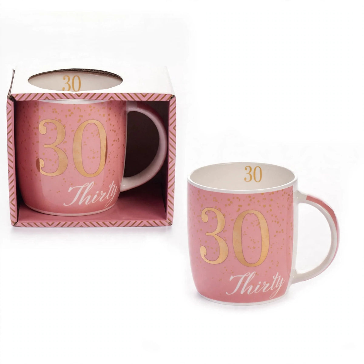 Boxed birthday gift mug for age 30 with pink and gold colour scheme