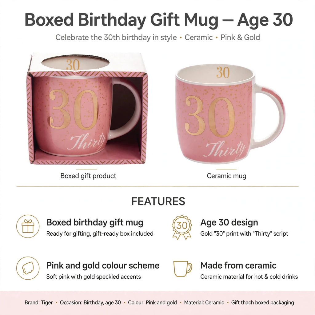 Features include age 30 design, pink and gold colours, ceramic material, and gift-ready packaging