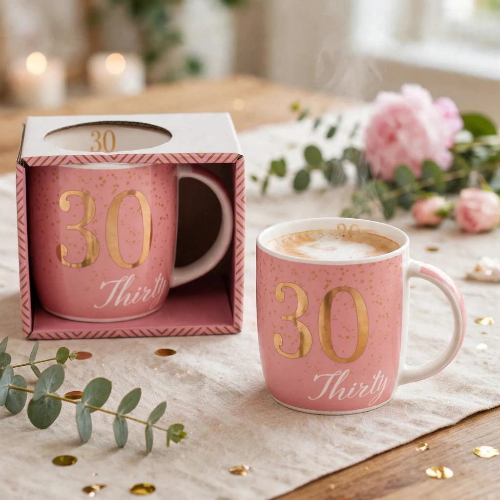 Boxed birthday gift mug for age 30 displayed as a birthday present