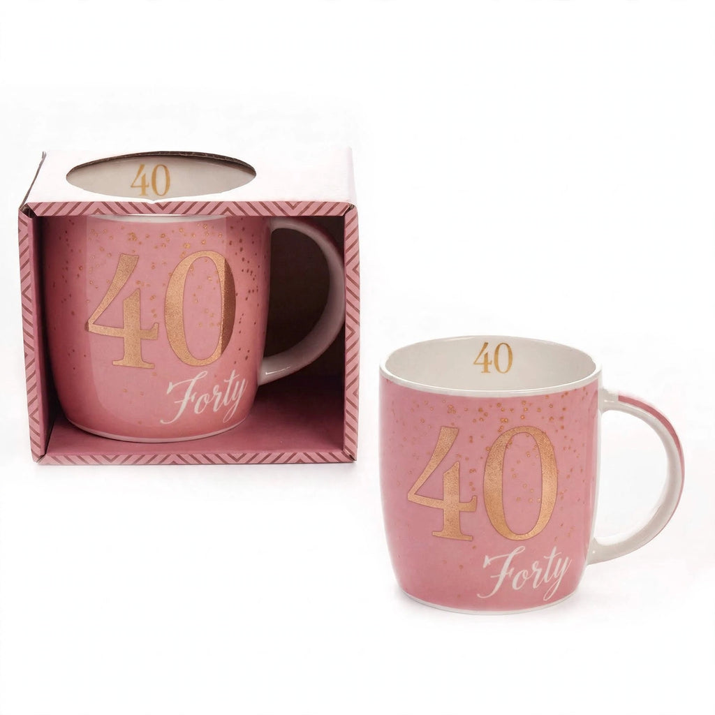 Boxed birthday gift mug with age 40 design in pink and gold