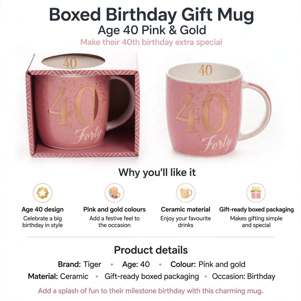 Infographic showing age 40 design, pink and gold colours, ceramic material, and gift-ready packaging