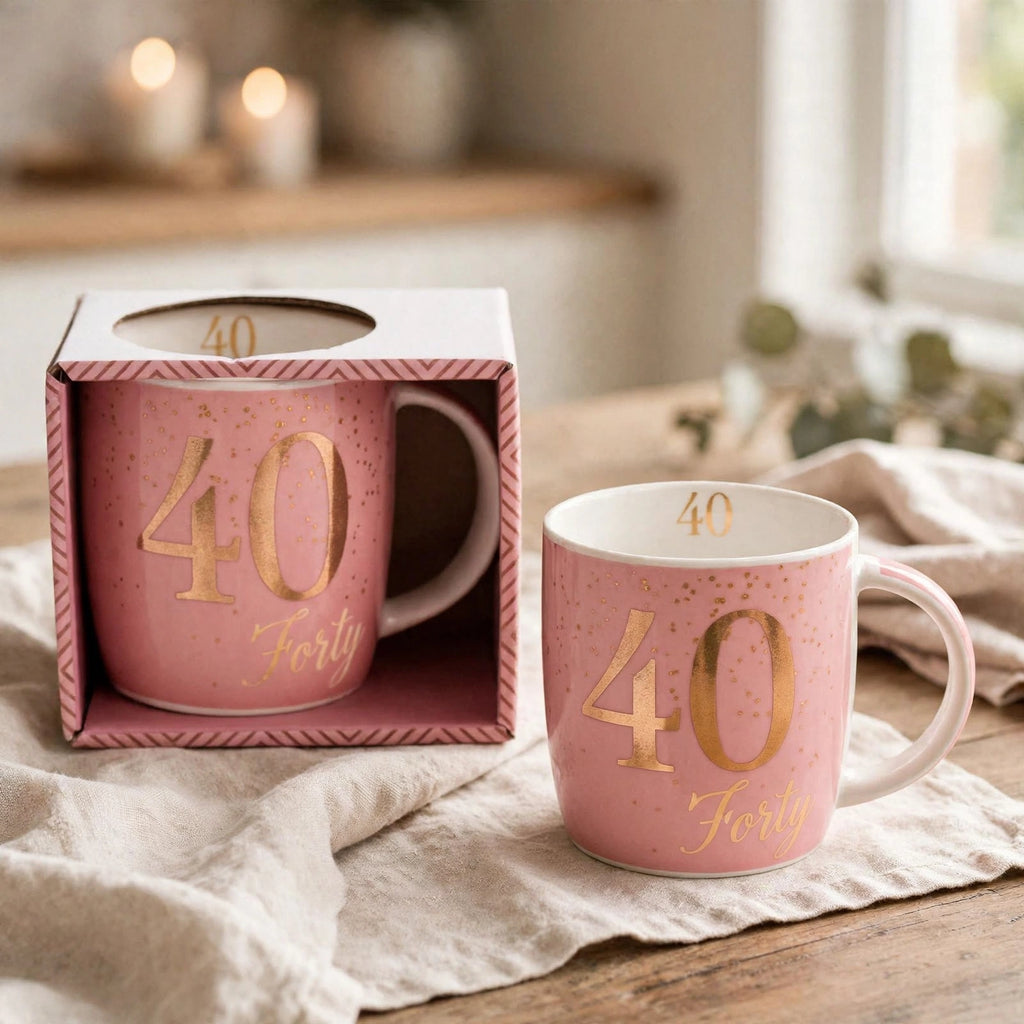 Birthday gift mug designed for age 40 celebrations with pink and gold colours