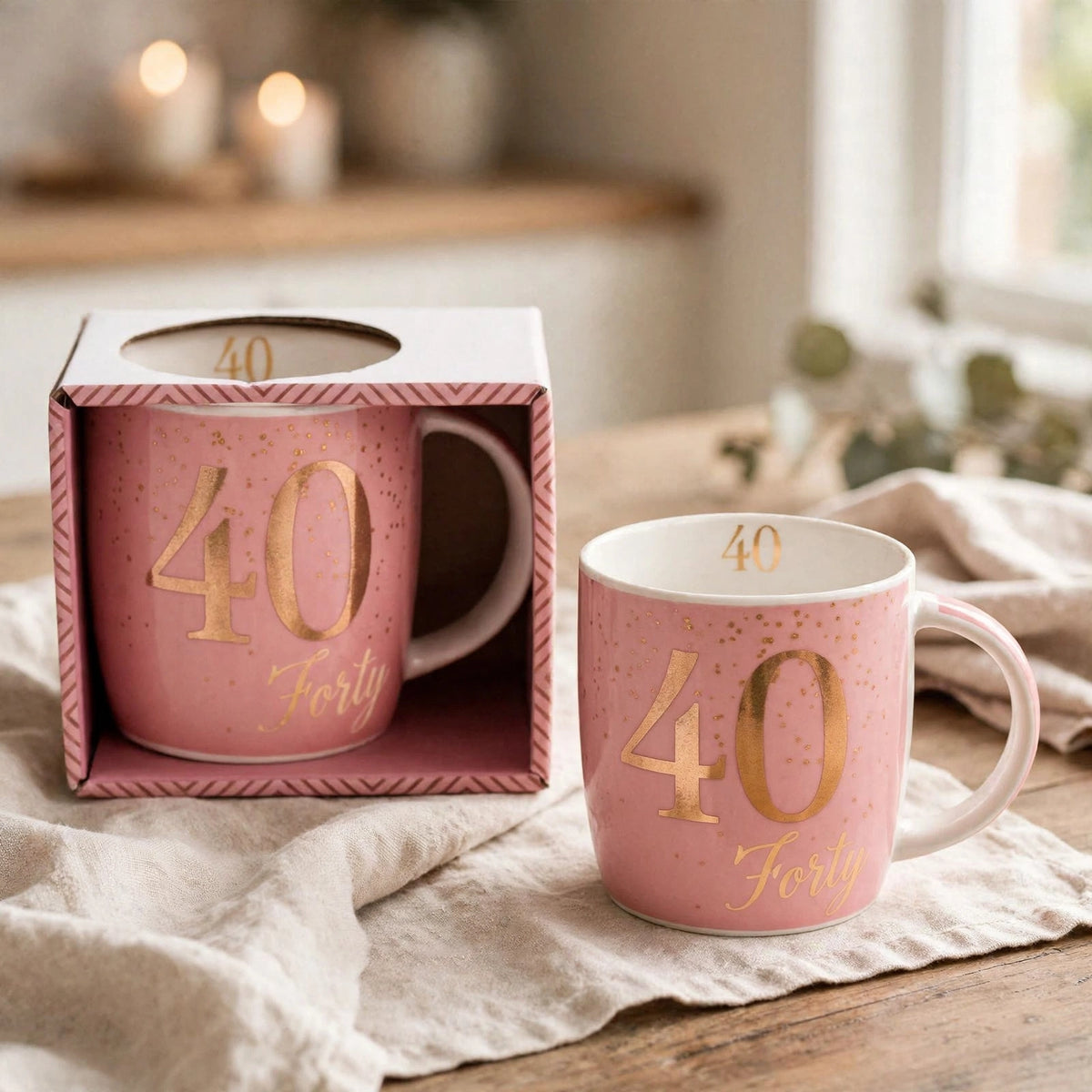 Birthday gift mug designed for age 40 celebrations with pink and gold colours