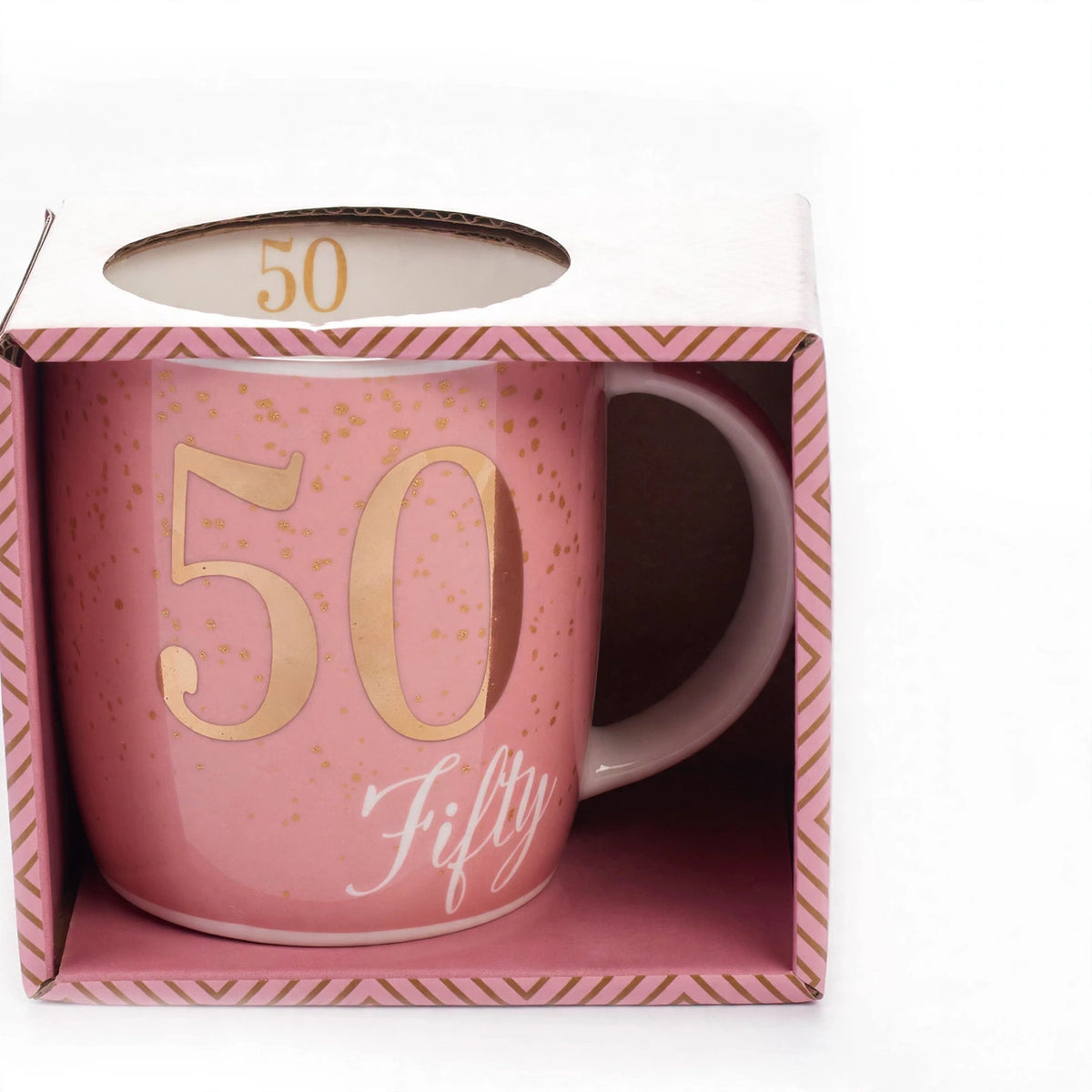 Close-up of Boxed Birthday Gift Mug Age 50 showing pink and gold design