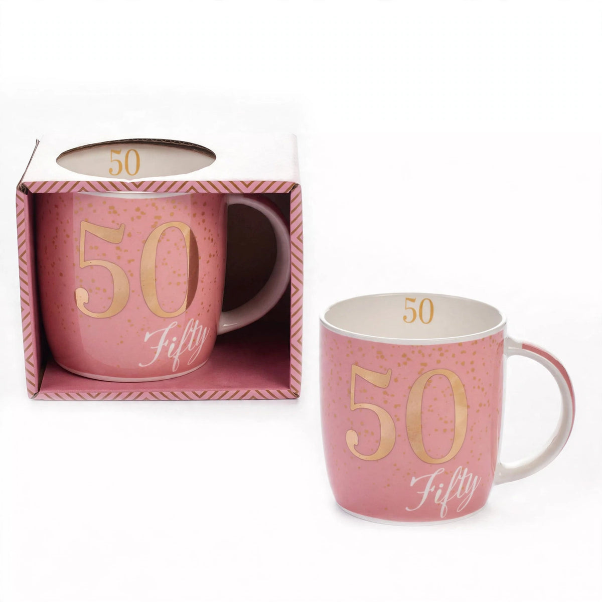 Boxed Birthday Gift Mug Age 50 with pink and gold design