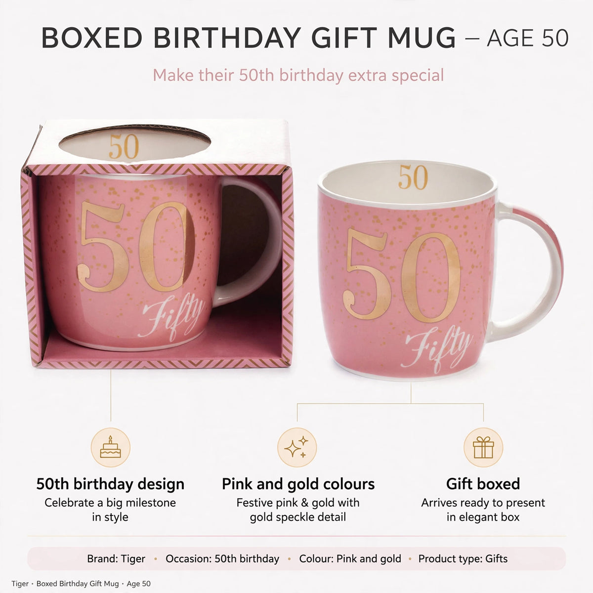 Features 50th birthday design, pink and gold colours, gift boxed