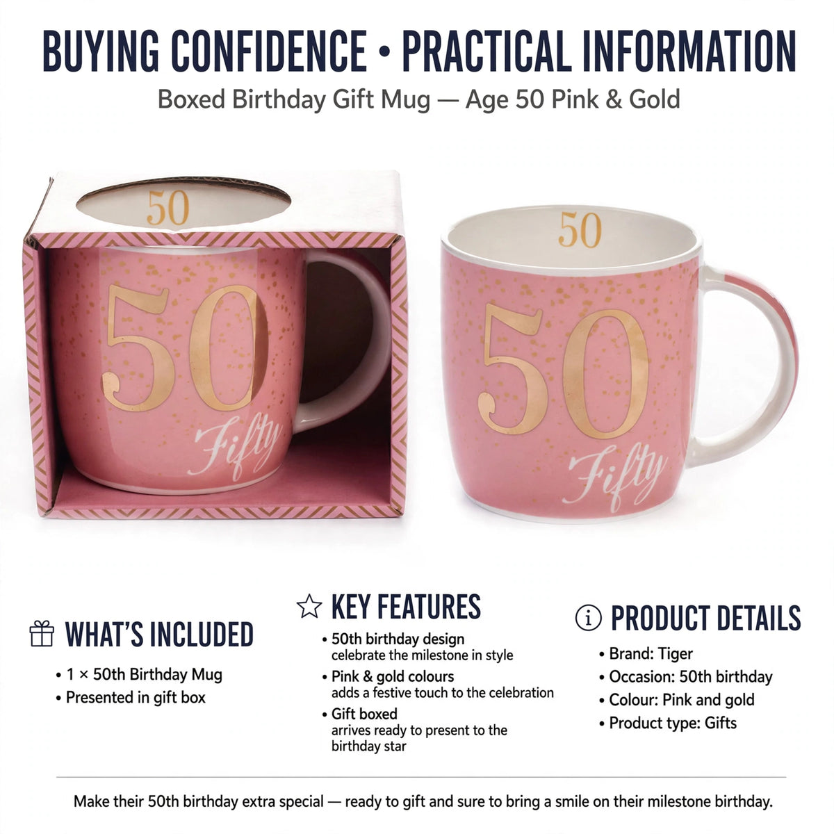 Boxed Birthday Gift Mug Age 50 ready to present in elegant box