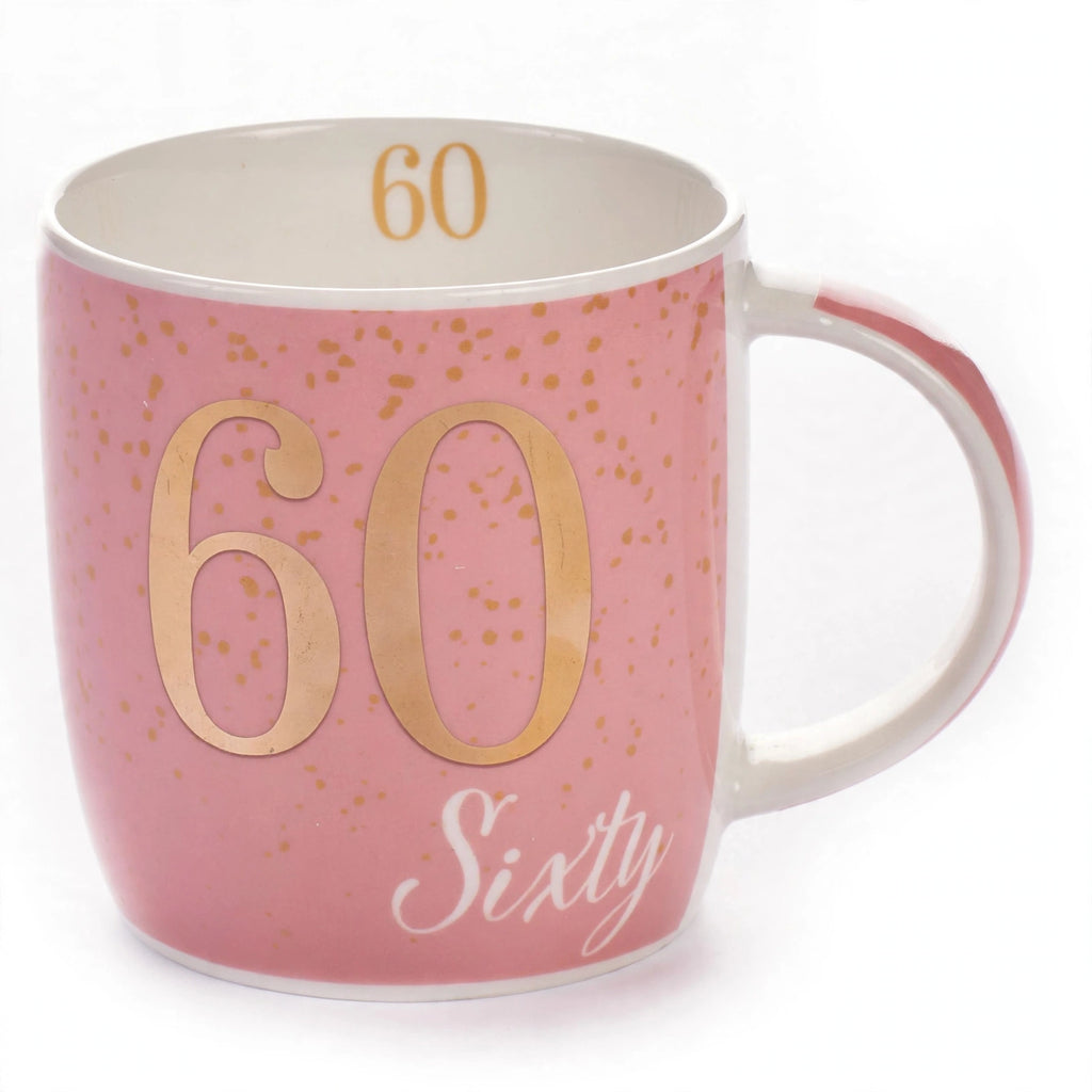 Close-up of Tiger birthday mug with Age 60 design in pink and gold