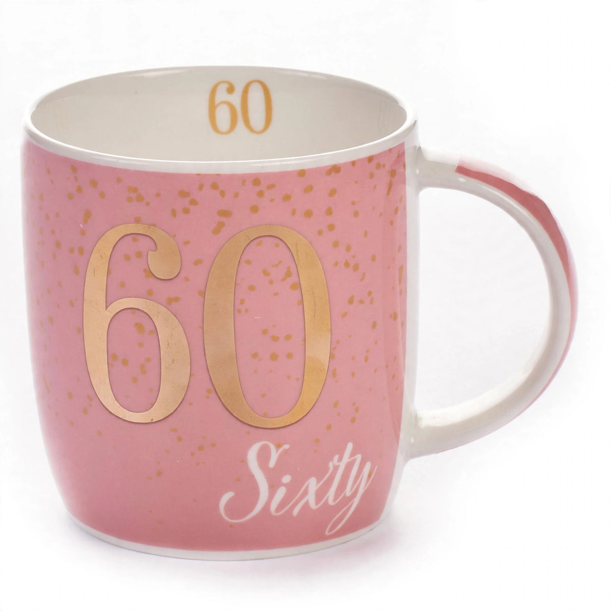 Close-up of Tiger birthday mug with Age 60 design in pink and gold