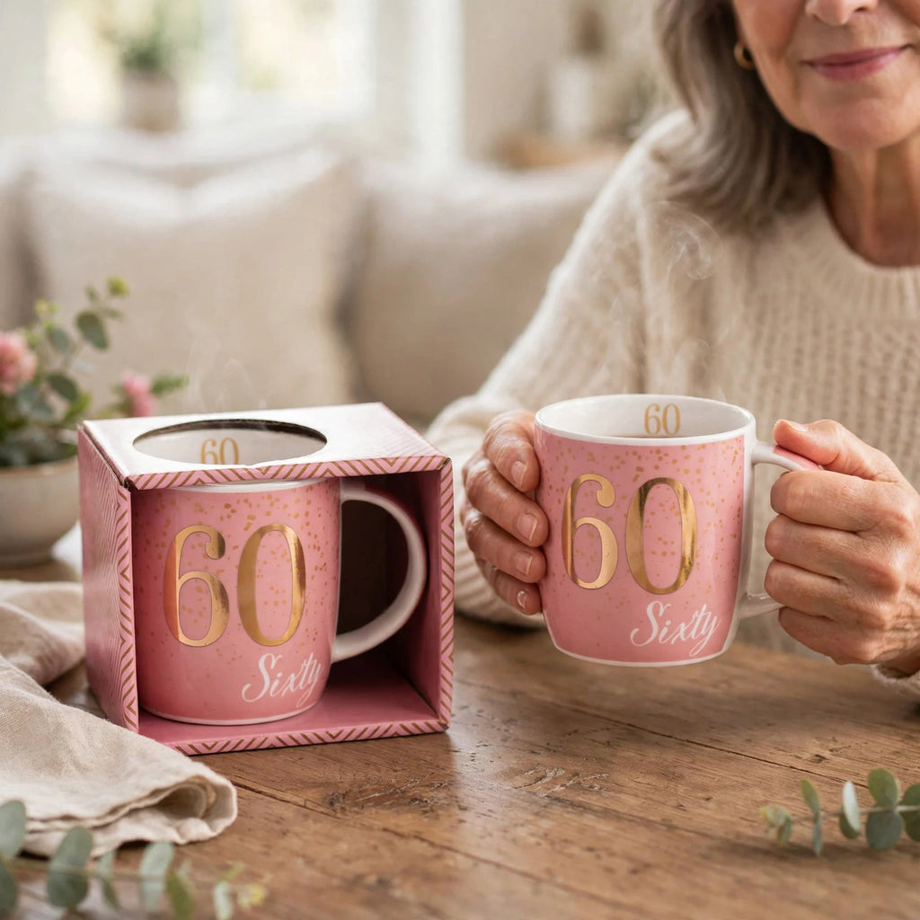 Tiger boxed birthday gift mug displayed for a 60th birthday celebration