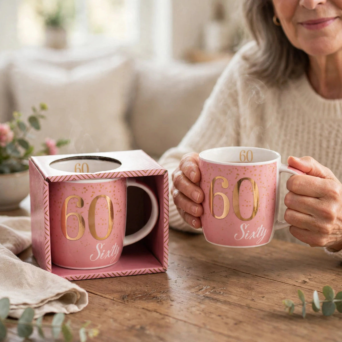 Tiger boxed birthday gift mug displayed for a 60th birthday celebration