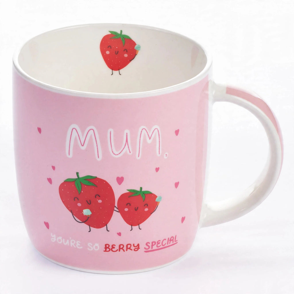 Close-up of ceramic Tiger gift mug with 'Mum You're Berry Special' text