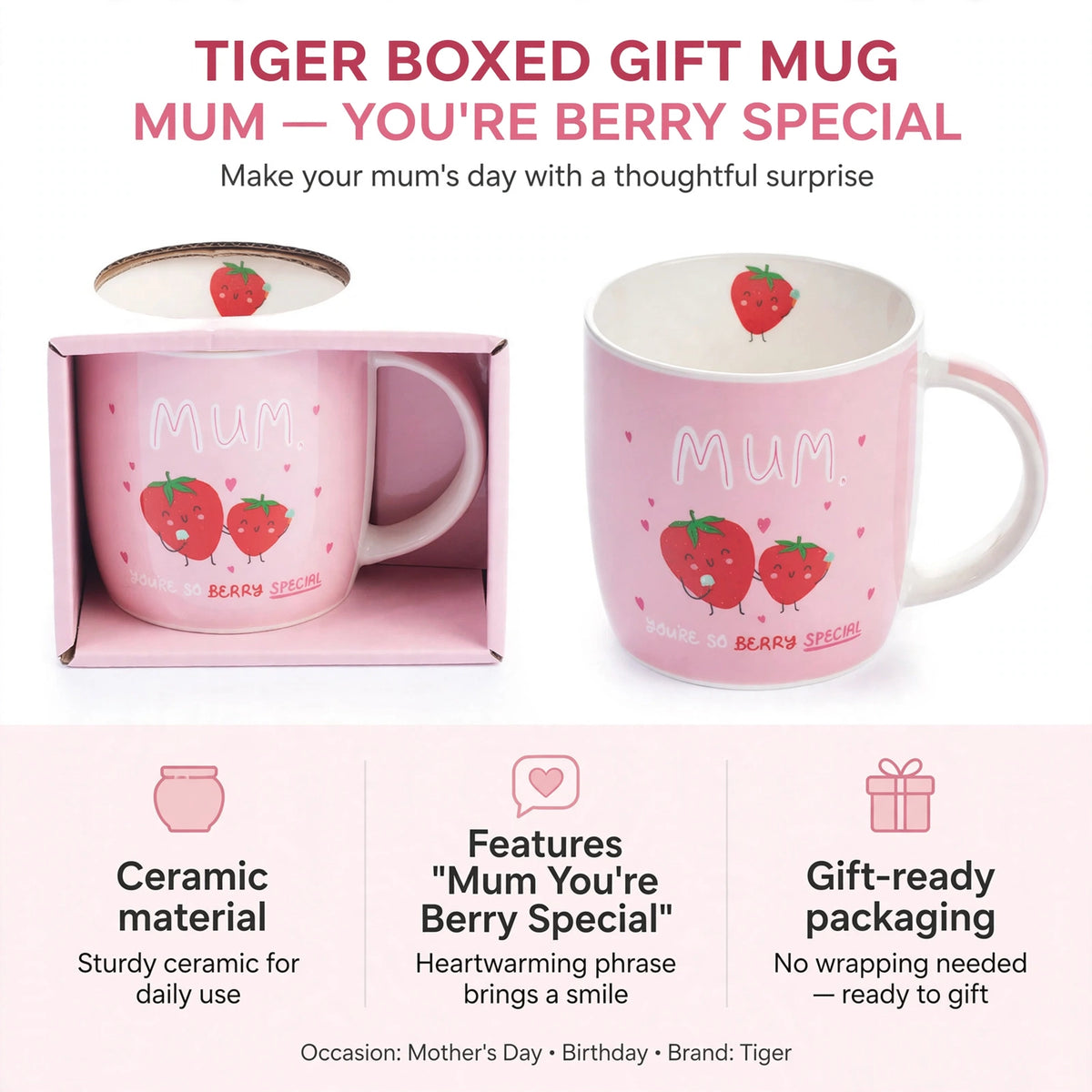 Ceramic mug featuring 'Mum You're Berry Special' and gift-ready packaging
