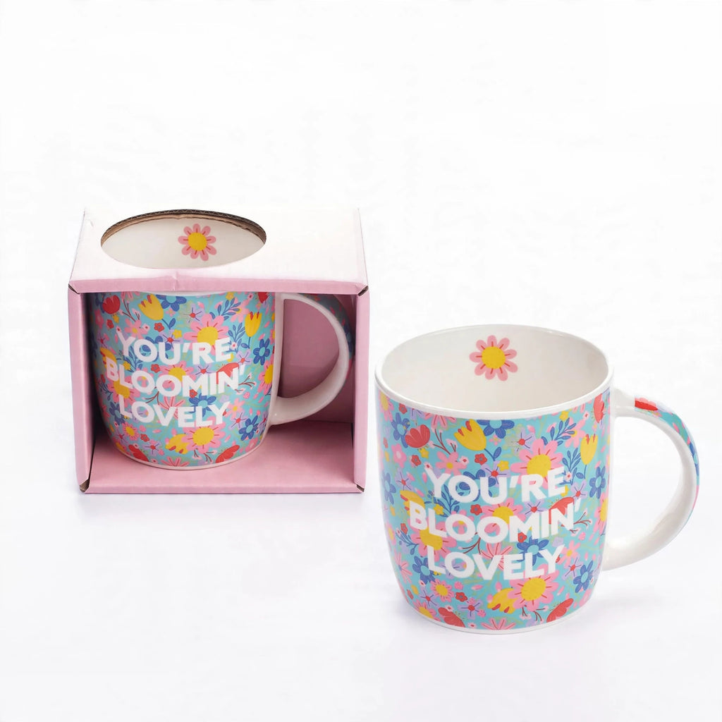 Tiger ceramic mug with floral pattern and You're Blooming Lovely message in gift box