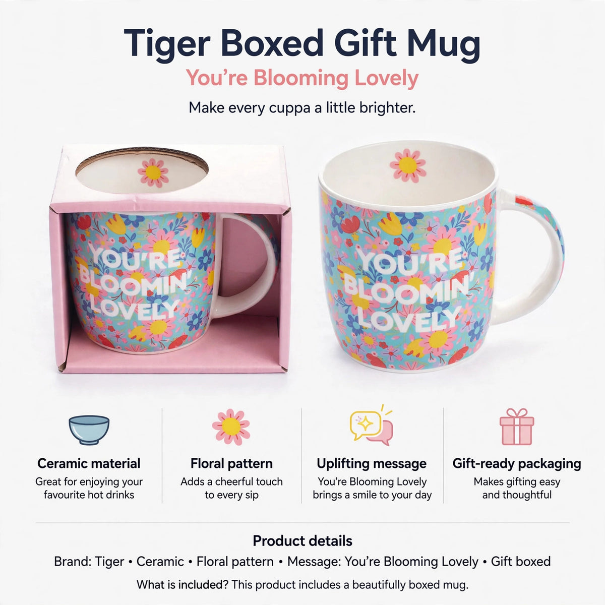 Infographic showing ceramic material, floral pattern, uplifting message, and gift-ready packaging