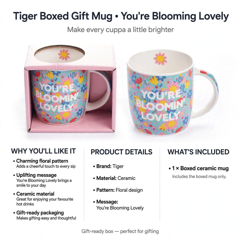 Tiger ceramic mug presented in a gift-ready box with floral pattern and uplifting message