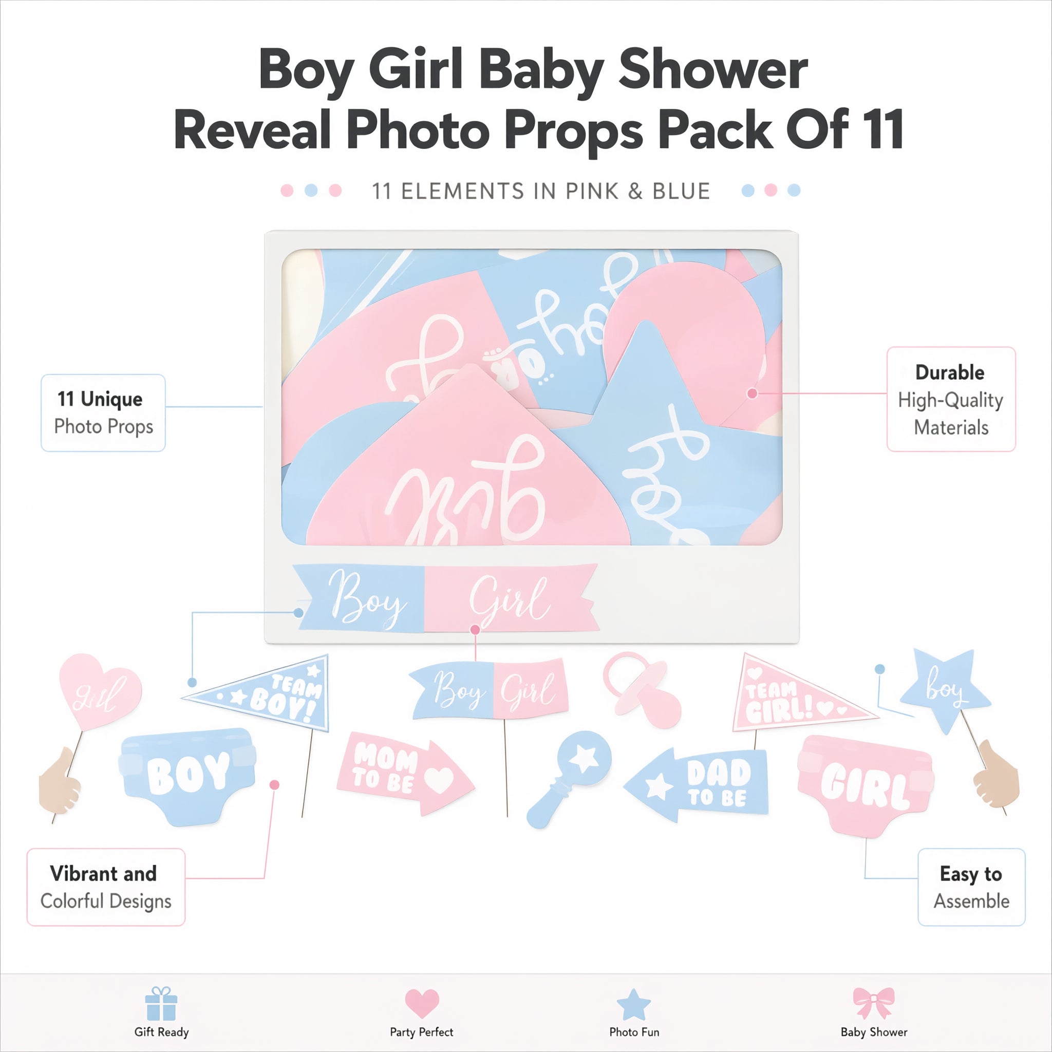 Boy Girl Baby Shower Reveal Photo Props Pack Of 11