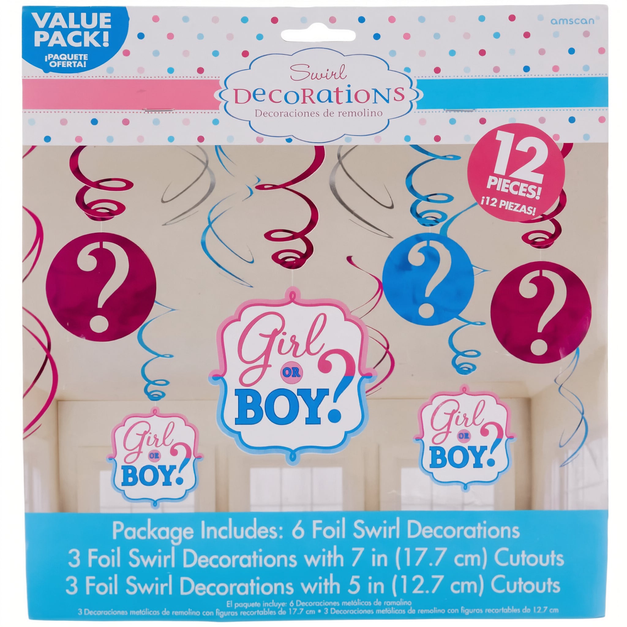 Boy Girl Baby Shower Reveal Swirl Decorations Pack Of 12